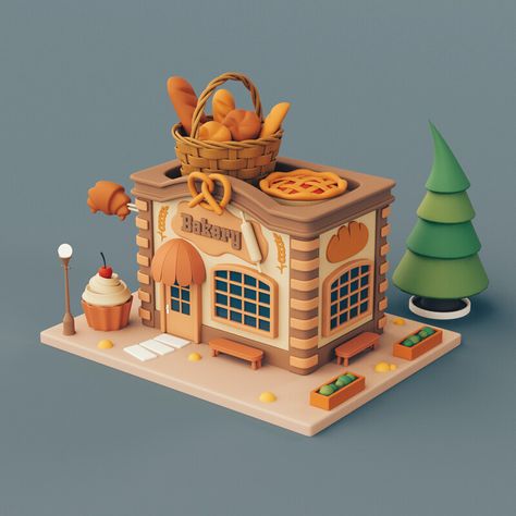 ArtStation - High poly Bakery 01 Isometric Bakery, Blender Inspiration, Cartoon Building, Bakery Shop Design, Cute Bakery, Vis Dev, Jdm Wallpaper, Isometric Art, Tanah Liat