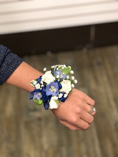 White Rose Blue Ribbon Corsage, Corsages For Royal Blue Prom Dress, White And Blue Wrist Corsage, Corsages For Prom Blue, Royal Blue And White Corsage, Corsage For Royal Blue Dress, Corsage For Blue Dress, Blue Dress Corsage, Blue And Gold Corsage