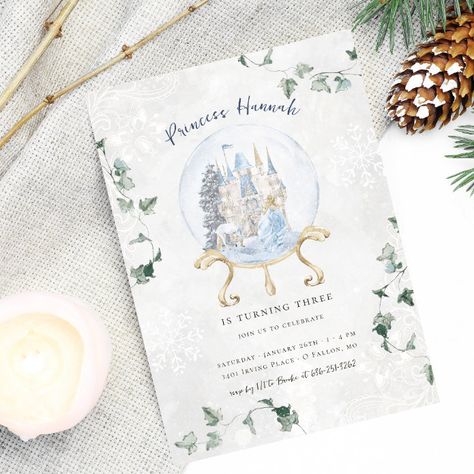 Elegant Fairy Tale | Winter Princess Birthday Invitation - tap, personalize, buy right now! #Invitation #birthday #party #invitations, #watercolor, #vintage Winter Ambiance, Fairy Birthday Themes, Winter Birthday Invitations, Winter Snow Globe, Blue Castle, Elegant Birthday Invitations, Princess Illustration, Princess Birthday Invitations, Cascading Flowers