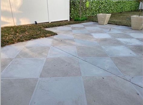 Checkered Painted Patio, Checkered Tile Patio, Checkered Patio Pavers, Checkered Paver Patio, Checkered Patio Floor, Checkered Patio, Exterior Concrete Paint, Move To Europe, Backyard Concrete