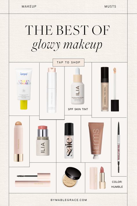 The Best of Glowy Makeup Makeup Products Shuffle, No Makeup Look Products Natural, Natural Glowy Makeup Products, Makeup Products For Natural Look, Dewy Skin Makeup Products, Dewy Makeup Look Products, Dewy Makeup Routine, Dewey Makeup Products, Best Glowy Makeup Products