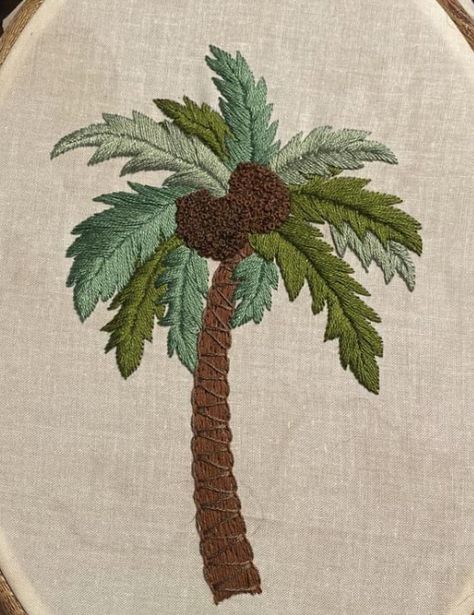 Coconut Tree Embroidery, Embroidered Palm Tree, Tropical Embroidery, Palm Tree Embroidery, Denim Bag Patterns, Basic Hand Embroidery Stitches, Book Binding Diy, Emb Designs, Diy Crown