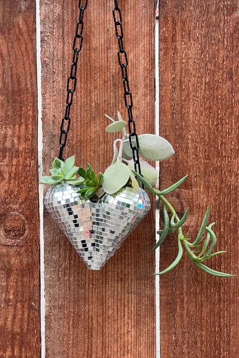 hanging heart planter pot with disco mirror ball tiles, hanging from a spinning chain with succuletns Heart Disco Ball, Disco Planter, Echo Echo, Hanging Succulents, Pink And Silver, Hanging Hearts, Small Art, Garden Accessories, Garden Gifts