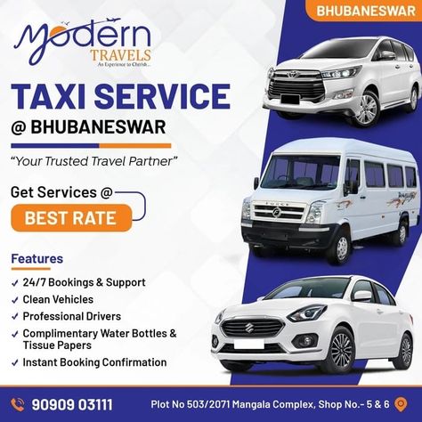 Book Taxi Service(With Driver) in Bhubaneswar and Puri Sedan, SUV, Tempo Traveller Available in Bhubaneswar and Puri Local, Outstation Cabs Available at Best Price For more details, Call Us You can reach us on the following numbers. +919090903111 +919090912122 +919090912222 Toll Free : 1800 889 6333 Thank you for reaching out to us WhatsApp Link : https://wa.me/919090903111 Taxi Service Poster, Tempo Traveller, Digital Invitations Wedding, Visiting Card Design, Visiting Card, Travel Logo, Taxi Service, Visiting Cards, Invitations Wedding