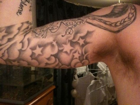 40 Awesome Cloud Tattoo Designs | Cuded Clouds And Stars Tattoo, Star Sleeve Tattoo, Cloud Tattoo Sleeve, Star Tattoos For Men, Cloud Tattoo Design, Tattoo Sleeve Filler, Inner Bicep Tattoo, Tattoo Shading, Tattoo Background