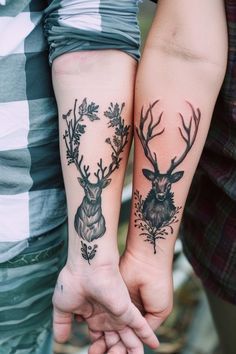 Couples Deer Tattoos, Small Couple Tattoos With Meaning, Couple Tattoos With Meaning, Powerful Couple, Married Couple Tattoos, Couple Tattoo Ideas, Puzzle Piece Tattoo, Hand Tattoo Designs, Compass Rose Tattoo