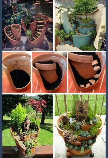 Broken Pot Garden, Kaktus Dan Sukulen, Fairy Garden Pots, Fairy Garden Designs, Fairy Garden Crafts, Fairy Garden Houses, Fairy Garden Diy, Miniature Fairy Gardens, Garden Cottage