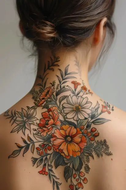 attractive tattoos for women 07 Women Back Neck Tattoo, Botanical Tattoo Cover Up, Botanical Back Tattoo Women, Flower Back Piece Tattoo, Black Sleeve Tattoo Women, Flower Tattoos For Women Sleeve, Roses On Back Tattoo, Wildflower Cover Up Tattoo, Women Color Tattoos