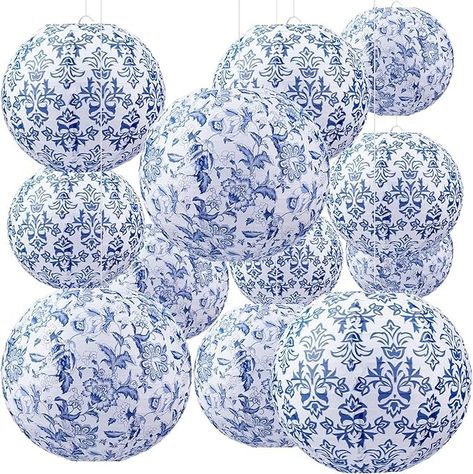 Retisee 12 Pcs Chinoiserie Paper Lantern Set 10 Inches Blue and White Porcelain Print Chinese Round Lantern Hanging Decorations Ceiling Birthday Party Baby Shower Wedding Home Decor - Amazon.com Chinoiserie Party, Hang From Ceiling Decor, White Paper Lanterns, Porcelain Print, Hanging Paper Lanterns, Round Paper Lanterns, Outdoor Lantern Lighting, Lantern Christmas, Blue Lantern