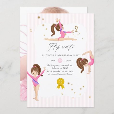 Pink and Gold Gymnastics 2nd Birthday Party Photo Invitation Gymnastics Theme Birthday Party, Gymnastics Birthday Party Invitations, Gymnastics Birthday Invitations, Gymnastics Birthday Party, Gymnast Birthday Party, Gymnastics Party, Gymnastics Birthday, 3rd Birthday Party, Girl Birthday Party Invitations