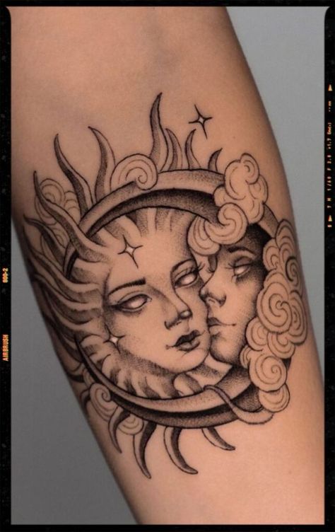 Black And Color Tattoo, Spirituality Tattoos, Tattoo Sol E Lua, Moon And Sun Tattoo, Tattoo Black And Grey, Spiritual Tattoo, Black And Grey Tattoo, Sun And Moon Tattoo, App Filter