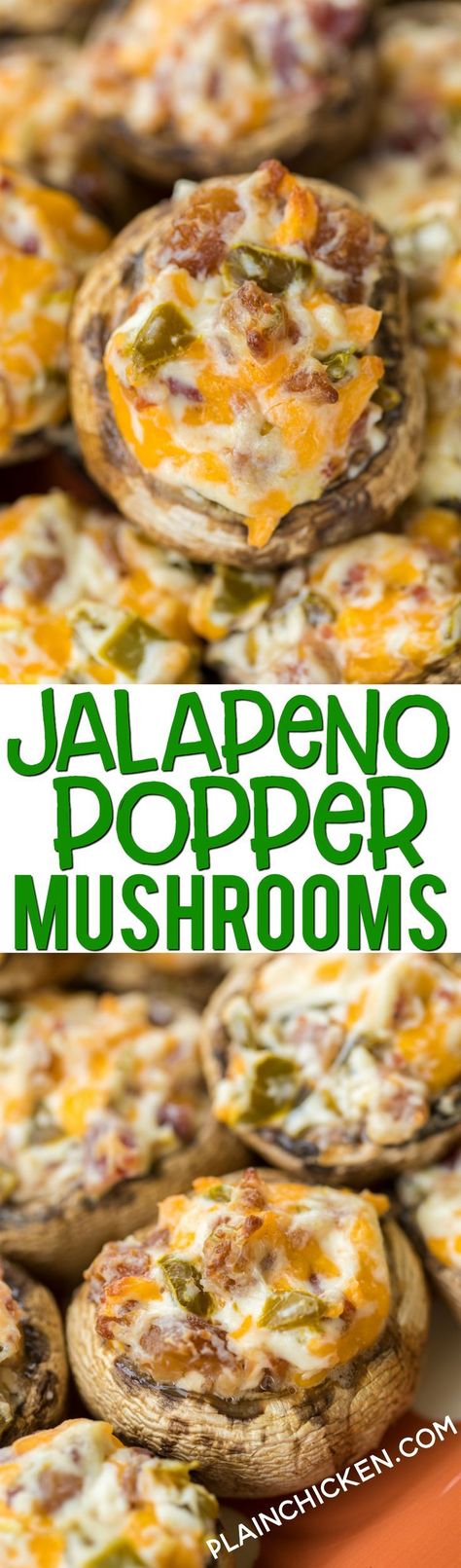 Jalape�o Popper Mushrooms - always the first thing to go at parties! Mushrooms stuffed with cream cheese, garlic, cheddar cheese, bacon and jalape�os. Seriously delicious! Can prep mushrooms ahead of time and refrigerate until ready to bake. Great for par Food Preps, Mushrooms Stuffed, Football Friday, Garlic Cheddar, Low Carb Snack, Jalapeno Popper, Buffalo Cauliflower, Carb Snacks, Jalapeno Poppers