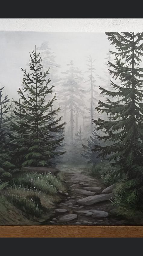 Pine Forest Painting, Pine Forest Painting Acrylic, Pine Tree Forest Painting, Acrylic Misty Forest Painting, Deep Forest Painting, Moody Forest Painting, Pine Forest, Landscape Pictures, Painting Projects