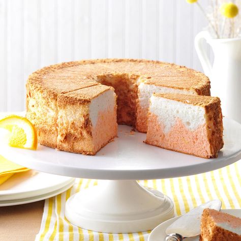 Orange Dream Angel Food Cake Recipe -A basic angel food cake becomes a heavenly indulgence thanks to a hint of orange flavor swirled into every bite. The orange color makes slices of the cake look so pretty when arranged on individual dessert plates.—Lauren Osborne, Holtwood, Pennsylvania Almond Cheesecake, Sunday Sweets, 4h Ideas, Orange Dream, Easter Desserts, Individual Desserts, Angel Cake, Food Heaven, Chiffon Cake