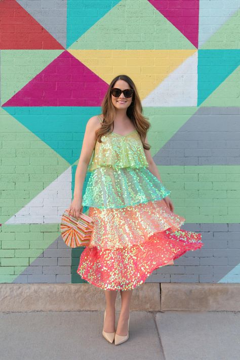 Tiered Rainbow Sequin Dress | Sundress Arista - Style Charade Rainbow Dress Women, Rainbow Sequin Dress, Pom Pom Fashion, Pink Suede Pumps, About Rainbow, Zara Sandals, Chicago Fashion, Glamorous Party, Slip Skirts