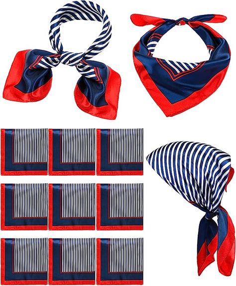 Bonuci 12 Pcs Sailor Scarf Silk Satin Flight Attendant Scarf Square Breathable Lightweight Silk Neckerchief Red White and Blue Stripe Scarf for Women Men Neck Costume Gift, 23.62 x 23.62 Inch at Amazon Men’s Clothing store Sailor Scarf, Flight Attendant Scarf, Nautical Scarf, Stripe Scarf, Silk Neck Scarf, American Theme, Scarf Square, Scarf Silk, Scarf For Women