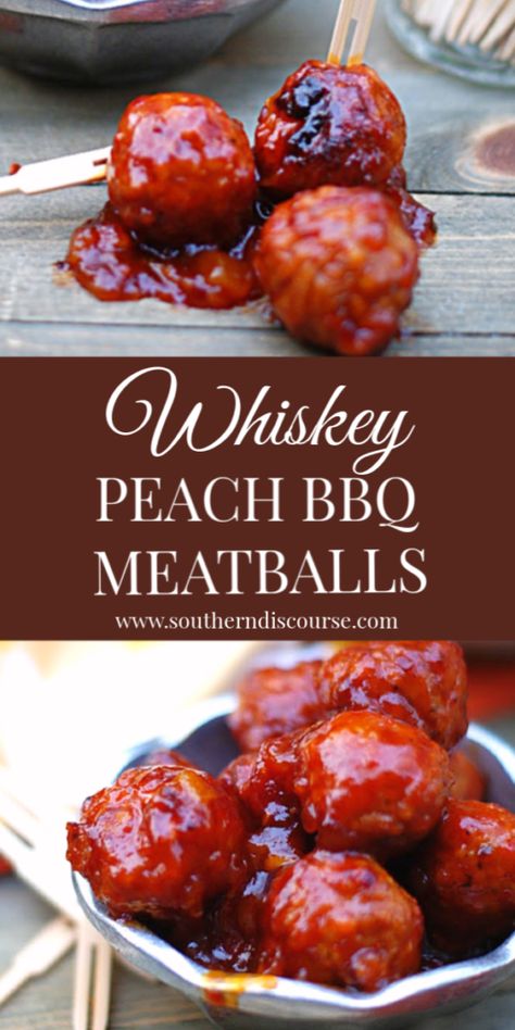 Whiskey Peach BBQ Meatballs - a southern discourse Repast Food Ideas, Southern Bbq Appetizers, Southern Bbq Recipes, Horsduerves Party Appetizers, Whiskey Food Recipes, Bbq Meatballs Side Dishes, Southern Bbq Party, Southern Meatballs, Southern Bbq Side Dishes