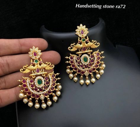 One Gram Gold Jewellery, Dancing Peacock, Gold Earrings Indian, Stones Earrings, Online Gold Jewellery, Gold Mangalsutra Designs, Handmade Gold Jewellery, Gold Pendant Jewelry, Wedding Jewellery Collection