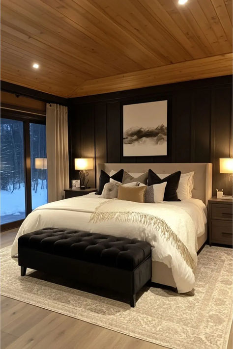 bedroom with black accent wall behind bed Black With Wood Accents Bedroom, Accent Wall Black Bedroom, Bedroom Decor With Accent Wall, Black And Rustic Bedroom, Bedrooms With Black Windows, Bedroom Inspirations Black Wall, Black White Cognac Bedroom, Bedroom Wood Panel Wall, Black Accent Wall Bedroom Decor