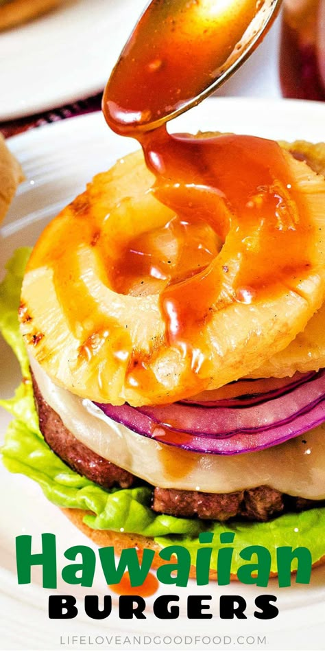 A pineapple teriyaki sauce atop a slightly charred pineapple and onion are the flavors that will make you think you have died and gone to heaven. After one bite of this Hawaiian Teriyaki Burger recipe, you'll never want a plain burger again. Hawaiian Hamburgers Recipes, Pineapple Burger Recipes, Pineapple Hamburger, Hawaiian Hamburgers, Plain Burger, Hawaiian Burger Recipe, Hawaiian Burgers Pineapple, Pineapple Burgers Grilled, Pineapple Teriyaki Sauce