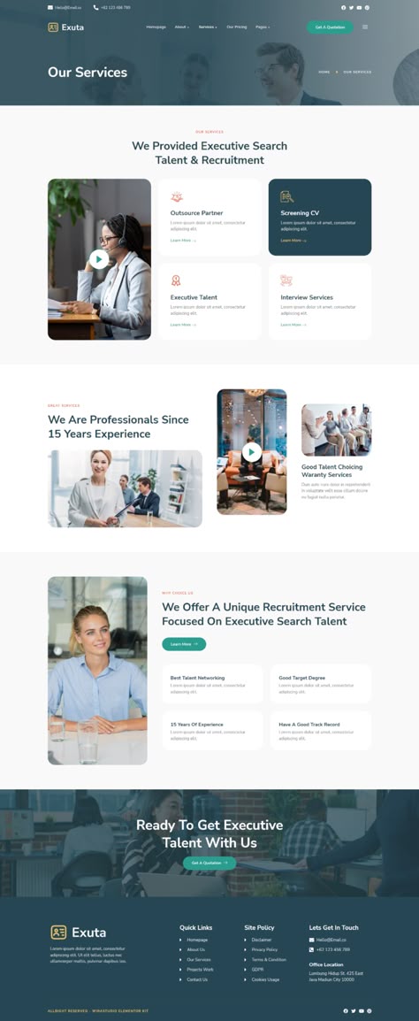 Exuta - Executive Search & Recruitment Service Elementor Template Kit Our Services Website Design, Service Section Website Design, Recruitment Website Design Inspiration, Services Page Design Website, Service Page Design, Services Page Design, Recruitment Website Design, Web Design Inspiration Layout, Services Website Design