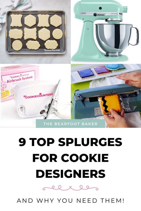 Do you have the right supplies for decorating sugar cookies? Find out what my top nine splurges are for every cookie designer, and why you need these cookie decorating tools too! Learn baking tips and tricks plus how to decorate sugar cookies at my blog, The Bearfoot Baker. How To Get Into Cookie Decorating, Cookie Decorating Business, Tips For Decorating Sugar Cookies, Step By Step Cookie Decorating, How To Ice Sugar Cookies Like A Pro, Sugar Cookie Pricing Chart, Cookie Scoop Size Chart, Cookie Decorating Necessities, How To Decorate Sugar Cookies Like A Pro