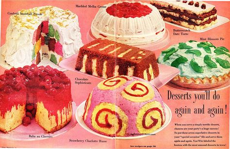 retro photography 1950s Food, Retro Desserts, Postal Vintage, Vintage Dessert, Vintage Baking, Vintage Cooking, Fancy Food, Food Ads, Retro Recipes