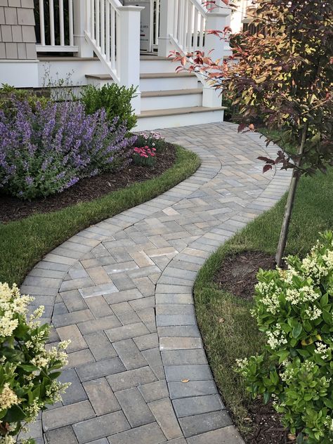 Front Pathway, Path Leading To Front Door, Long Sidewalk To Front Door, Entryway Path Walkways, Stone Pathway Front Yard, Paved Sidewalk, Front Door Pathway Ideas, Pathway From Driveway To Front Door, Walkway Pavers Ideas Paths