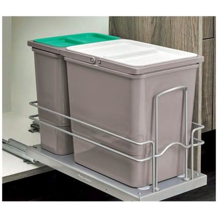 Rev-A-Shelf 5SBWC-815S-1 Silver 5SBWC Series Bottom Mount Double Bin Trash Can and Recyclables Bin with Two Lids and Soft-Close Slides - 15.85 and 8.45 Quart Capacity Sliding Cabinet Shelves, Small House Garage, 3 Bedroom Plan, Organization Gadgets, Small Colonial, Cabinet Inserts, Rv Checklist, Green Kitchen Ideas, Pull Out Trash Cans