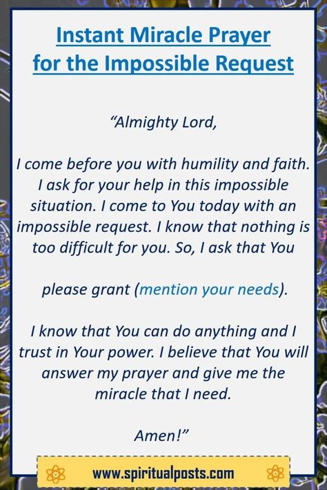 15 Instant Miracle Prayers for the Impossible | Spiritual Posts Miracle Prayers That Work, Miracle Spell, Miracle Prayer For The Sick, Miracle Prayer For Impossible Situations, Prayer For Money Miracle, Prayer For Miracles, Common Prayers, The Miracle Prayer, Prayer For A Miracle