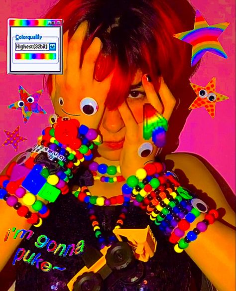 Kidcore Fashion, 2000s Y2k Aesthetic, Scene Kid Art, Kid Core Aesthetic, 2000s Scene, My Pronouns, Kidcore Aesthetic, Kandi Kid, Scene Core