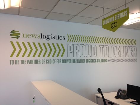 News Logistics – Office rebranding graphics Wall Typography, Office 2023, Office Graphics, Home Study Rooms, Office Wall Design, Leasing Office, Office Wallpaper, Timeline Design, Study Rooms