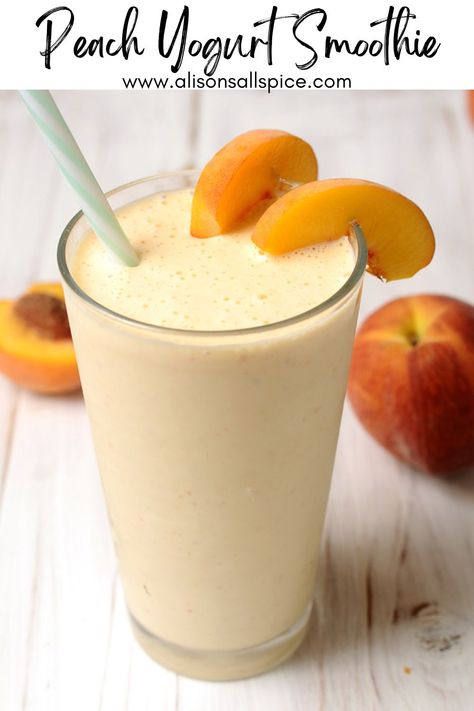 Peach Yogurt Smoothie - Alison's Allspice Peach Yogurt Smoothie, Peach Yogurt, Peach Smoothie Recipes, Greek Yogurt Smoothie, Greek Yogurt Ranch, Smoothie Recipes With Yogurt, Yogurt Smoothie, Peach Smoothie, Healthy Greek Yogurt