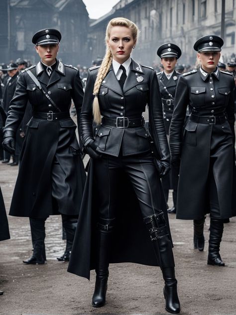 Strict Woman, Ss Uniform, Work Uniform, Cyberpunk Female, Female Villains, Military Looks, Vinyl Clothing, German Uniforms, Long Leather Coat