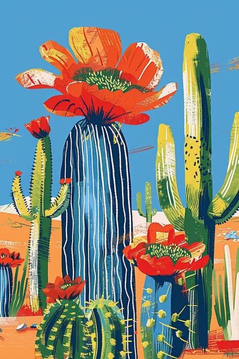 Desert Abstract Art, Cactus Painting Ideas, Abstract Cactus Painting, Southwest Art Paintings, Cactus Flower Painting, Peru Alpaca, Cactus Artwork, Cacti Art, Cactus Paintings