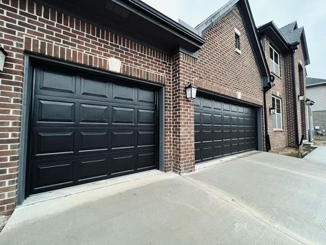 Soffit Ideas, Black Garage Doors, Black Garage, Garage Door Makeover, Black Front Doors, Outdoor Remodel, Red Brick House, Brick Exterior House, Accent Doors