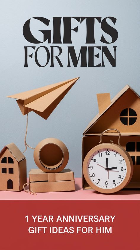 The image showcases a creative cardboard-themed setup with a clock, a paper airplane, and miniature houses, all in a minimalist aesthetic. The text overlay reads "GIFTS FOR MEN" and "1 YEAR ANNIVERSARY GIFT IDEAS FOR HIM", suggesting thoughtful anniversary gift ideas. 1st Year Anniversary Gift Ideas, Paper Gifts For Him, Anniversary Paper Gifts, Paper Anniversary Gift Ideas, Wedding Anniversary For Husband, 1st Year Anniversary Gift, Anniversary For Husband, Anniversary Gift Ideas For Him Boyfriend, Paper Anniversary Gifts