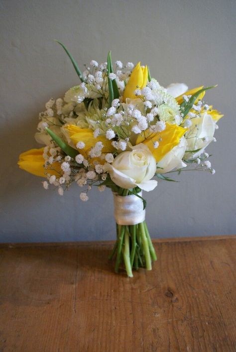 Spring flowers, yellow tulips, white roses, gypsophila and chrysanthemum bouquet by frances&rose: Yellow Wedding Bouquet Rustic, Yellow Tulips Bouquet, Yellow Wedding Flowers Bouquet, Yellow Flowers Bouquet, Bouquet Tulips, White Tulip Bouquet, Prom Flowers Bouquet, Carnation Wedding, Yellow Rose Bouquet