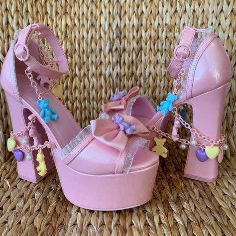 Pastel Shoes, Red Platform Heels, Rainbow Heels, Pink Platform Heels, Pink Chain, Dolls Kill Shoes, Fairy Shoes, Pretty Heels, Cute Shoes Heels