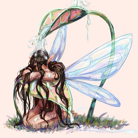 Fairy Drawings Reference, Fairy Laying Down, Fairy In Hand, Fairy Cartoon Art, Fairy Scene Drawing, Nature Fairy Art, Fairy Wing Art, Earth Fairy Drawing, Woodland Fairy Art