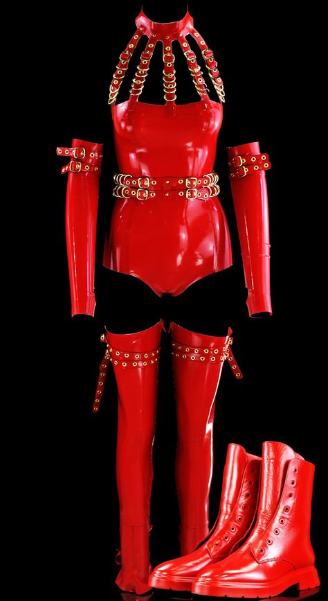 Red Combat Boots, Super Store, Opera Gloves, Body Outfit, Leather Lingerie, Goth Outfits, Dark Fashion, Cherry Red, Catsuit