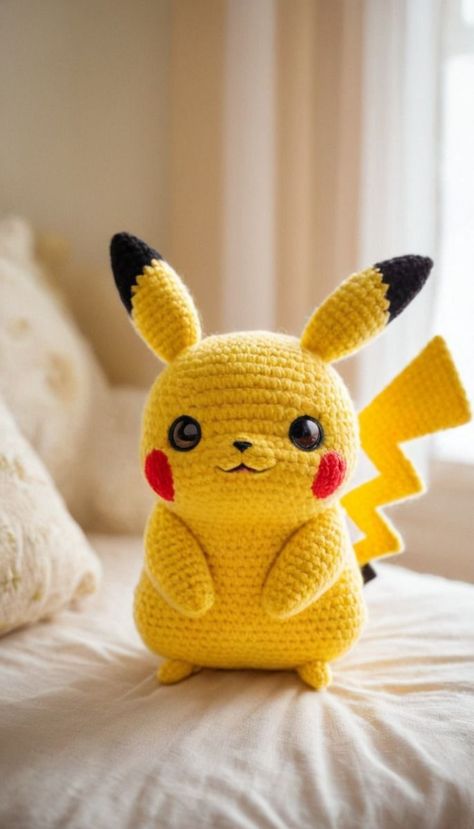 Crochet Pikachu Hat, Yellow Yarn Crochet Projects, Crochet Pikachu Pattern Free, Crochet Patterns Pokemon, Pikachu Crochet Pattern Free, Pikachu Crochet Pattern, Crochet Pikachu, Pikachu Amigurumi, Pokemon Amigurumi