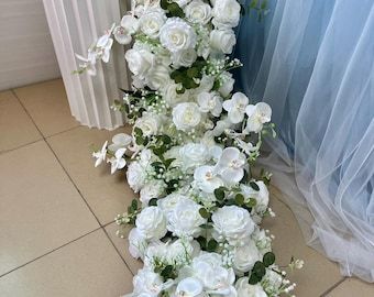 White Flower Runner,wedding Flower,aisle Runner,wedding Arrangements,wedding Reception Table Runner,swag Flower Arch,flower Centrepiece - Etsy Table Flower Runner, Flower Runner Wedding, Rose Flower Garland, Flower Runner, Table Flower, Wedding Arch Flowers, Arch Flowers, Runner Table, Rose Party