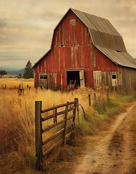 Classic Old Red Barn in the countryside exudes soothing feelings of nostalgia and more simple times. Old Farmstead Pictures, Old Barns Rustic, Old Country Aesthetic, Old Barn Paintings, Barn Aesthetic, Red Barn Photos, Farm Scene Painting, Landscape References, Country Pictures