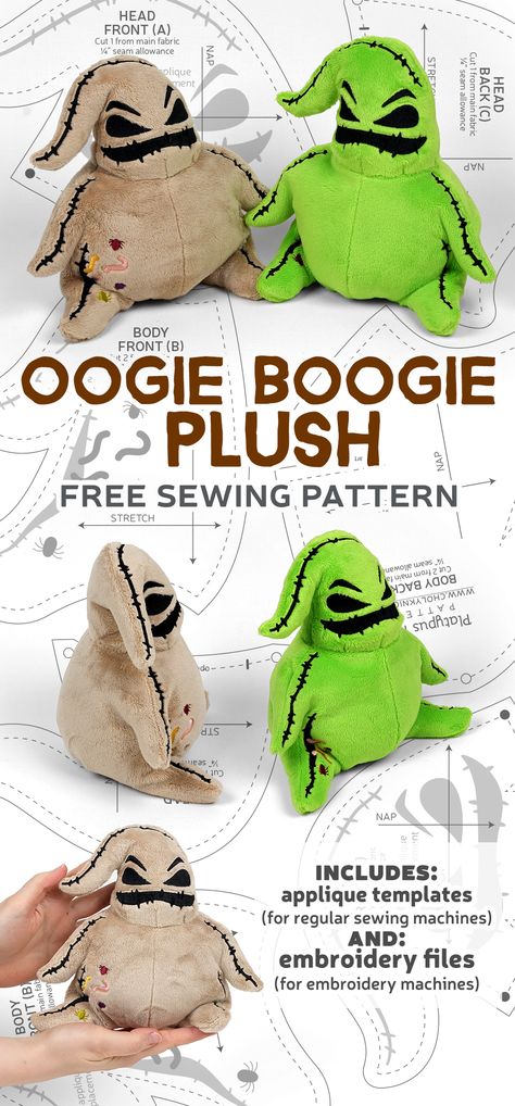 Sewing Patterns For Stuffed Animals Free, Oogie Boogie Plush Pattern, Sew Voodoo Doll, Animal Stuffy Pattern, Sewing Projects Not Clothes, Oogie Boogie Stuffed Animal, Oogie Boogie Sewing Pattern, Crafts With Fleece Fabric, Oogie Boogie Pattern Free