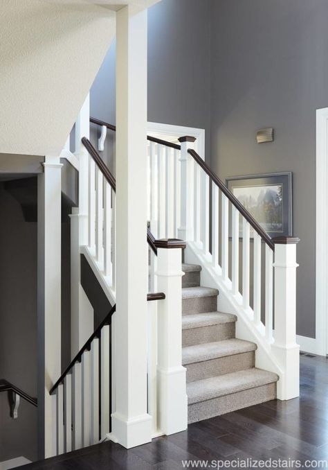 Southern Railing - Specialized Stair & Railing Indoor Handrails For Stairs, Newel Posts For Stairs, Staircase Redo, Traditional Stairs, Banister Remodel, Stairs White, Stair Railing Makeover, Carpeted Stairs, Indoor Railing