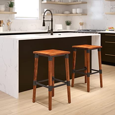 Flash Furniture 2 Pack Rustic Antique Walnut Industrial Wood Dining Backless Barstool Rustic Bar Stools, Woods Restaurant, Backless Stools, Rustic Bar, Backless Bar Stools, Industrial Wood, Dining Stools, Wood Bar Stools, Kitchen Bar Stools