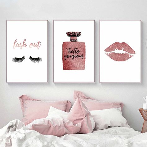 Pink Bedroom Wall Decor, Lips Printable, Pink Bedroom Walls, Makeup Wall Art, Perfume Art, Rose Gold Decor, Pink Foil, Bedroom Wall Decor, Fashion Wall Art