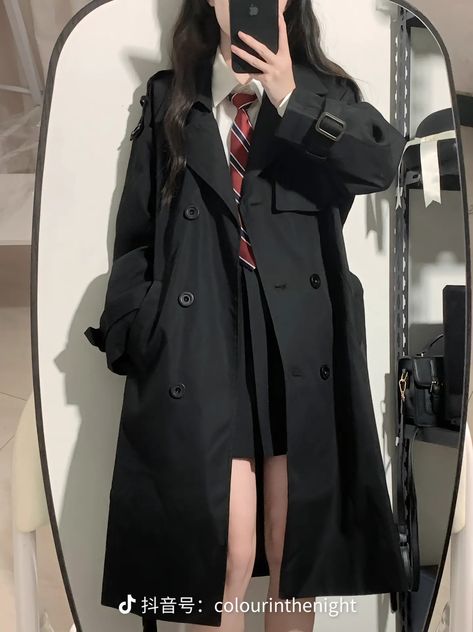 Trench Coat Asian, Black Coat Outfit, Detective Outfit, Modest Girly Outfits, Female Suit, Woman In Suit, School Uniform Outfits, School Uniform Fashion, Sister Outfits