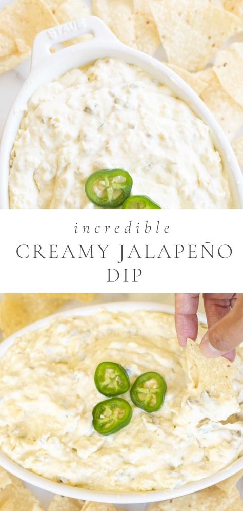 This Creamy Jalapeño Dip is a quick and easy dip recipe you can make in minutes! It’s a stand out crowd pleasing dip that’s perfect for parties, tailgates and more. It’s made with cream cheese, mayonnaise, jalapeños and monterey jack cheese for the creamiest, spiciest dip ever! Dip Recipes Jalapeno, Dips With Jalapenos, Baked Jalapeno Dip, Jalepeno Dip Crock Pot, Jalapeno Cheese Dip Cold, Jalapeno Chicken Dip, Small Jalapeno Recipes, Spicy Jalapeno Dip, Pickled Jalapeno Dip